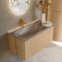 Badmeubel Mondiaz Kurve-Dlux | 95 cm | Meubelkleur Oak | Wastafelkleur Oza | Solid surface | Wasbak linker zijde spoelbak | 1 kraangat