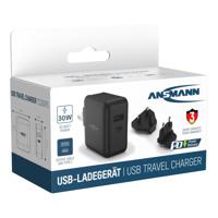 Ansmann USB Reis Oplader 30W + Verwisselbare Stekkers Zwart Ansmann USB Reis Oplader 30W + Verwisselbare Stekkers Zwart