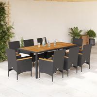 9-delige Tuinset met kussens poly rattan en acaciahout zwart