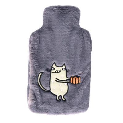 Cosy & Trendy Kruik - lichhtgrijs - bruine kat print - 2 liter - pluche hoes - warmwaterkruik