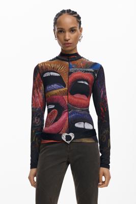 LANGERMIG T-SHIRT MET HOGE KRAAG - BLACK - S