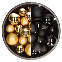 Kerstversiering kunststof kerstballen mix zwart/goud 4-6-8 cm pakket van 68x stuks