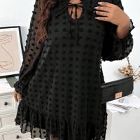 Bon&Bon Plus Size Swiss Dot Smock Dress - Tie Neck Ruffle Hem Black Black / 4XL