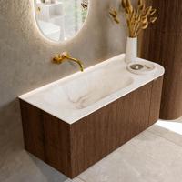 Badmeubel Mondiaz Kurve-Dlux | 105 cm | Meubelkleur Walnut | Wastafelkleur Frappe | Solid surface | Links spoelbak | Zonder kraangat(en) Badmeubel Mondiaz Kurve-Dlux | 105 cm | Meubelkleur Walnut | Wastafelkleur Frappe | Solid surface | Links spoelbak | Zonder kraangat(en)
