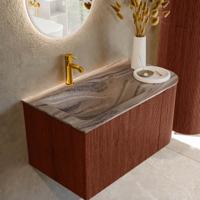 Badmeubel Mondiaz Kurve-Dlux | 85 cm | Meubelkleur Ruby | Wastafelkleur Sombra | Solid surface | Wasbak linker zijde spoelbak | 1 kraangat