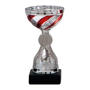 Luxe trofee/prijs beker - zilver/rood - lijnen - kunststof - 19 x 10 cm