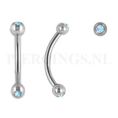 Banana 1.2 mm chirurgisch staal met aquamarijn kristal 10 mm + 3 mm bal