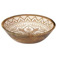 Salade serveer schaal - Fruitschaal/fruitmand - mango hout - D28 x H7 cm - bruin/print