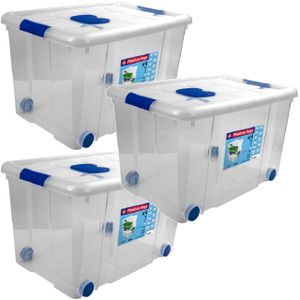 3x Opbergboxen/opbergdozen met deksel en wieltjes 55 liter kunststof transparant/blauw