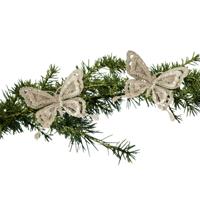 Kerstboomversiering Vlinder - 4x - 14 cm - champagne glitter - op clip - ornament