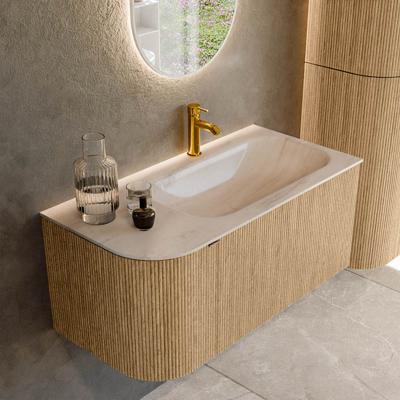 Badmeubel Mondiaz Kurve-Dlux | 95 cm | Meubelkleur Oak | Wastafelkleur Meli | Solid surface | Wasbak rechter zijde spoelbak | 1 kraangat