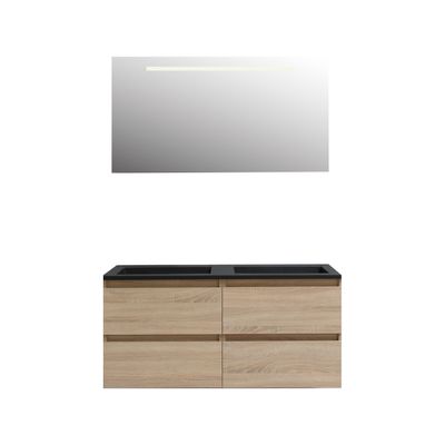 Badkamermeubel BWS Pepper Acryl Wastafel Mat Zwart Incl Spiegel Met LED Verlichting Zonder Kraangat 120x55x46 cm Eiken