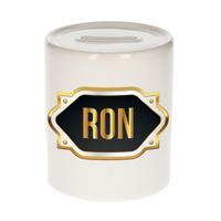 Spaarpot met voornaam Ron - wit - goud/zwart embleem - 8 x 9 cm - keramiek - afsluitdop