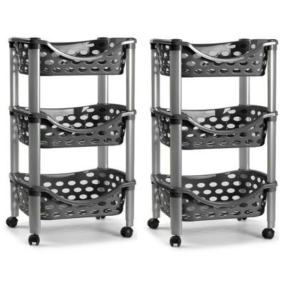 Plasticforte keukentrolley - 2x stuks - 3-laags - kunststof - donkergrijs - 40 x 65 cm - opslagrekje