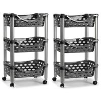 Plasticforte keukentrolley - 2x stuks - 3-laags - kunststof - donkergrijs - 40 x 65 cm - opslagrekje