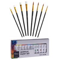 Schilder penselen set met palet en verf - hout - 8x penselen - 12 tubes Acrylverf mix kleuren