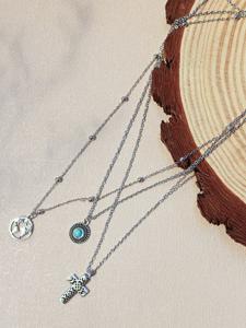 Personalized cross turquoise map three-layer necklace