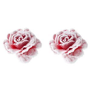 2x stuks decoratie bloemen roos roze met sneeuw op clip 15 cm - Kunstbloemen