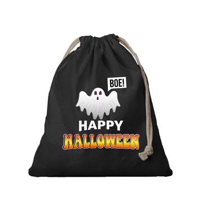 1x Spook / happy halloween canvas snoep tasje/ snoepzakje zwart met koord 25 x 30 cm