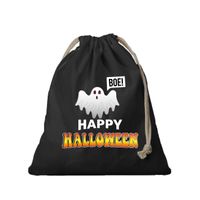 1x Spook / happy halloween canvas snoep tasje/ snoepzakje zwart met koord 25 x 30 cm