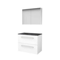 Basic-Line Comfort 46 Badkamermeubelset - 80 x 46 cm - Met Grepen - 2 Lades - Hardstenen Wastafel - Zonder Kraangat - Spiegelkast - Ice White
