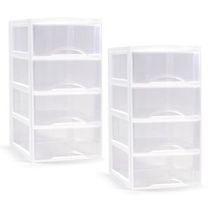 Ladeblokje/bureau organizer - 2x - 4 lades - transparant/wit - L26 x B37 x H49 cm - plastic