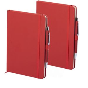 Set van 2x stuks luxe notitieboekje gelinieerd rood met elastiek en pen A5 formaat