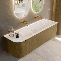Badmeubel Mondiaz Kurve-Dlux | 145 cm cm | Meubelkleur Dusk | Wastafelkleur Frappe | Solid surface | Wasbak rechter zijde spoelbak | Zonder kraangat(en)