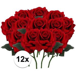 Kunstbloem Roos de luxe - 12x - rood - 30 cm - kunststof steel - decoratie bloemen