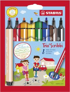 STABILO Trio Scribbi, driekantige viltstift met meeverende punt, etui met 8 kleuren