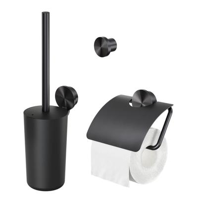 Toiletaccessorieset Geesa Opal | Toiletborstel met houder - Toiletrolhouder met klep - Handdoekhaak | Zwart metaal geborsteld