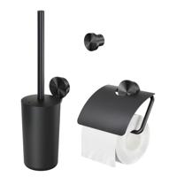Toiletaccessorieset Geesa Opal | Toiletborstel met houder - Toiletrolhouder met klep - Handdoekhaak | Zwart metaal geborsteld