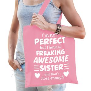 Cadeau tas voor zus - roze - katoen - 42 x 38 cm - awesome sister