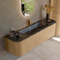 Mondiaz KURVE-DLUX 160 cm Onderkast Greeploos 1 Lade Met Deuren Oak, Wastafel Solid Surface Midden Lava 1 Kraangat Zonder Spiegel (KRVBGM160L+R1L2D1KM-Oak/Lav)