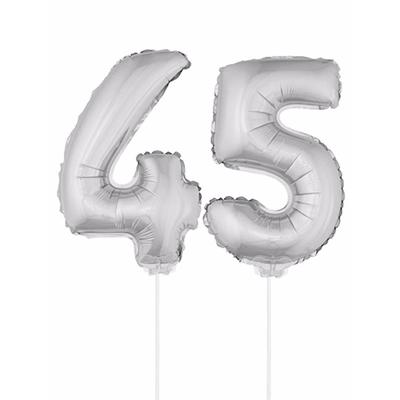 45 jaar leeftijd feestartikelen - versiering cijfers - zilver - ballonnen op stokje - van 41 cm 45 jaar leeftijd feestartikelen - versiering cijfers - zilver - ballonnen op stokje - van 41 cm