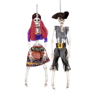 Set van 2x hangende horror decoratie skelet 40 cm gipsy en piraat