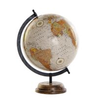 Decoratie wereldbol/globe beige op houten voet 28 x 37 cm - thumbnail