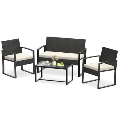 Tuinset van PE-rotan Balkonset voor 4 Personen met Glazen Tafel 2-Zitsbank en 2 Fauteuils-Beige