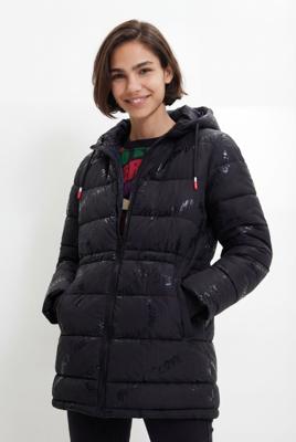 Lange gewatteerde jas met tekst - BLACK - XS