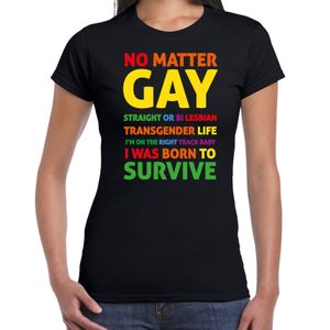 Gay Pride t-shirt met tekst - dames - zwart - Born to survive - LHBTI