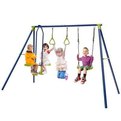 Metalen Kinderschommel met 1 Wip en 1 Gymnastiekring Buitenspeeltoestel met A-Frame 200kg Belasting voor Kinderen 3-10 Jaar Oud