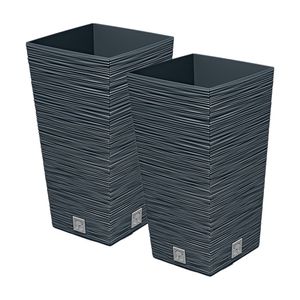 Plantenpot/bloempot Furu Stripes - 2x - voor buiten - kunststof - antraciet - vierkant - D20 x H38 c