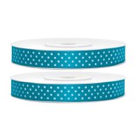 2x Hobby/decoratie turquoiseblauwe satijnen sierlinten met witte stippen 1,2 cm/12 mm x 25 meter - thumbnail