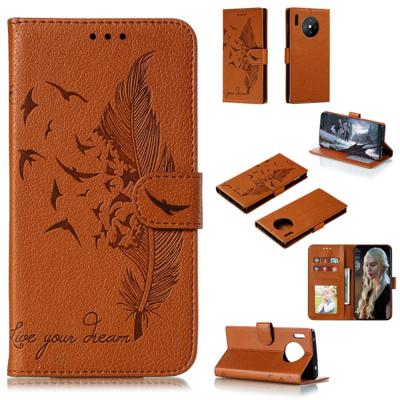 Voor Huawei mate 30 Pro Feather patroon Litchi textuur horizontale Flip lederen draagtas met houder & portemonnee & kaartsleuven (bruin)