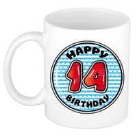 Verjaardag cadeau mok - 14 jaar - blauw - gestreept - 300 ml - keramiek   - - thumbnail
