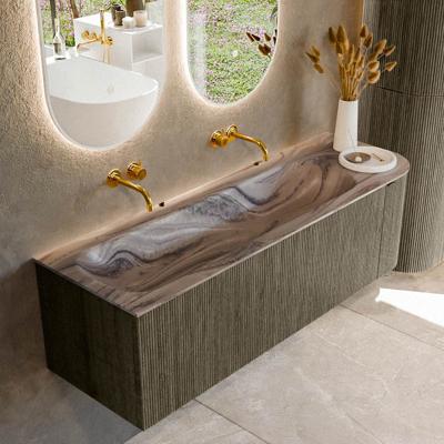 Badmeubel Mondiaz Kurve-Dlux | 145 cm | Meubelkleur Shadow | Wastafelkleur Sombra | Solid surface | Wasbak linker zijde spoelbak | Zonder kraangat(en)