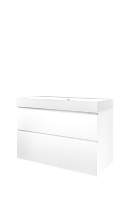 Proline polystone Loft wastafelonderkast met 2 asymmetrische lades en polystone wastafel zonder kraangat 100 x 70 x 46 cm, mat wit / glanzend wit