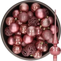 37x stuks kunststof kerstballen 6 cm incl. glazen piek glans oudroze