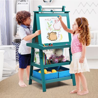 3 in 1 Kinderezel Kinderbord Dubbelzijdig Whiteboard & Krijtbord & Tekenpapier 59 x 50 x 117 cm Blauw