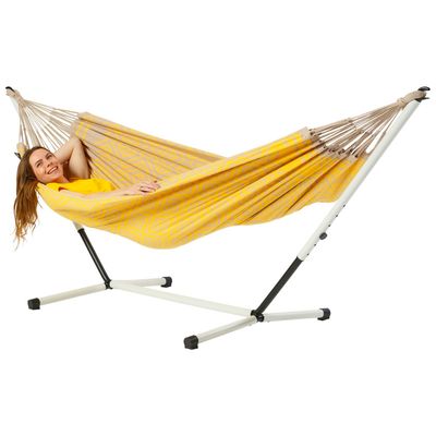 Eenpersoons hangmat met metalen standaard - 300x140cm - Geel - 120kg draagkracht- 100% katoen - binnen & buiten